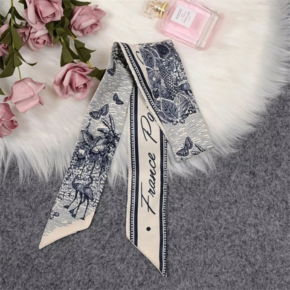 Blue France Paris Floral Silk Twilly Scarf - Picture 4 of 8